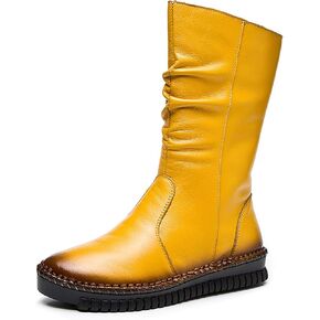 أحذية WENOREG النسائية ذات الخياطة اليدوية المسطحة متوسطة الساق، أحذية جلدية عصرية بسحاب جانبي مريحة في الهواء الطلق مضادة للانزلاق للعمل والمشي في الشتاء تحافظ على الدفء وبطانة من القطيفة in Kuwait