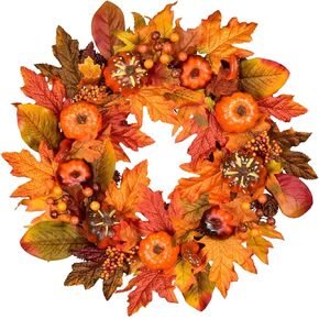 Lvydec Artificial Maple Leaves Fall Wreath - 18 Inch Autumn Wreath with Colorful Maple Leaves Berries, Harvest Wreath for Front Door Table Wall and Thanksgiving Decor