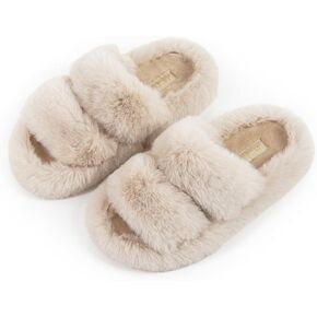 SOULROSE Women's Slippers Open Toe Memory Foam Slippers for Women Fuzzy Furry Comfy Faux Fur House Bedroom Platfoam Indoor Outdoor Slide Shoes with Anti-Slip Sole Womens Gift Slippers