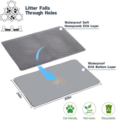 Cat Litter Mat for Pet Kitty Litter Box,Waterproof Cat Mat Honeycomb Double Layer Design,Soft on Paws,No Slip Cat Litter Trapping Mat,Machine Washable,Anti-Tracking -Light Grey,30 x 24 inch in Kuwait