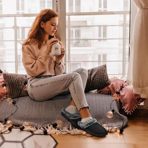 Jerzmy Fuzzy Slippers for Women, Memory Foam Cushion Womens House Slippers Suede Fluffy Faux Fur Lining Comfy Home Shoes for Indoor Outdoor Bedroom Garden Winter in Saudi Arabia