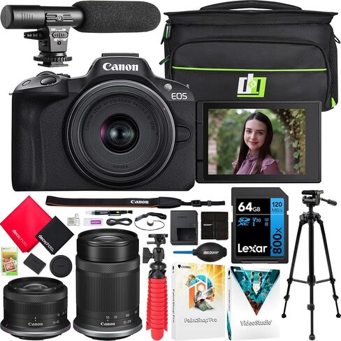 Canon EOS R50 Mirrorless Camera Body with 2 Lens Kit RF-S 18-45mm is STM and RF-S 55-210mm is STM 5811C022 Bundle with Deco Gear Photography Bag + Microphone + Tripod + Software & Accessories Kit in Saudi Arabia
