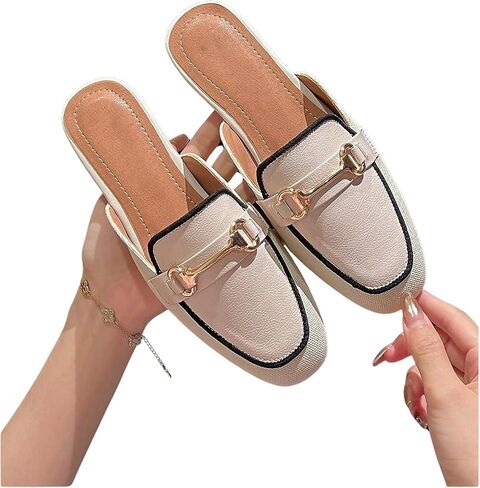 GORGLITTER Women's Metal Decor Round Toe Slide Mules Close Toe Contrast Binding Flat Shoes in Saudi Arabia