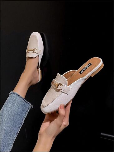 GORGLITTER Women's Metal Decor Round Toe Slide Mules Close Toe Contrast Binding Flat Shoes in Saudi Arabia