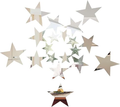 ملصقات Sibba Silver Stars 40 قطعة من الأكريليك اللاصق على شكل مرآة لاصقة من ورق الساتان القابل للإزالة لوضع الملصقات الجدارية لغرفة النوم والمنزل DIY ديكور الخلفية in Saudi Arabia