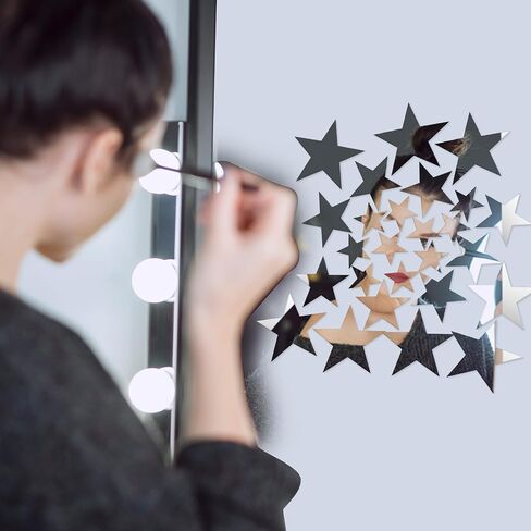 ملصقات Sibba Silver Stars 40 قطعة من الأكريليك اللاصق على شكل مرآة لاصقة من ورق الساتان القابل للإزالة لوضع الملصقات الجدارية لغرفة النوم والمنزل DIY ديكور الخلفية in Saudi Arabia