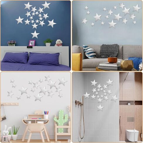 ملصقات Sibba Silver Stars 40 قطعة من الأكريليك اللاصق على شكل مرآة لاصقة من ورق الساتان القابل للإزالة لوضع الملصقات الجدارية لغرفة النوم والمنزل DIY ديكور الخلفية in Saudi Arabia