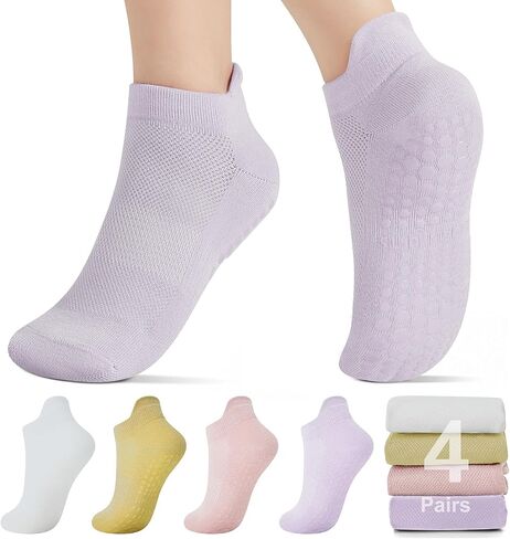 Pilates Socks with Grips for Women 4 Pairs Non-Slip Yoga Socks for Barre, Dance, and Workout Athletic Fitness Socks in Saudi Arabia