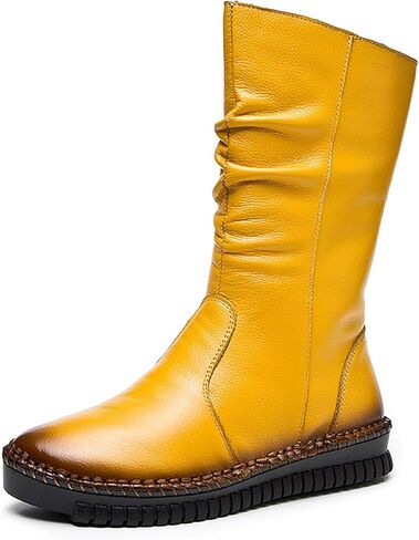 WENOREG Women's Hand Stitching Pleated Flat Mid Calf Boots,Fashion Leather Stitching Side Zipper Comfort Outdoor Anti-slip Work Walking Winter Boots Keep Warm Plush Lining Platform Boots in Kuwait