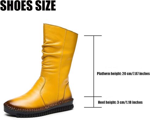 WENOREG Women's Hand Stitching Pleated Flat Mid Calf Boots,Fashion Leather Stitching Side Zipper Comfort Outdoor Anti-slip Work Walking Winter Boots Keep Warm Plush Lining Platform Boots in Kuwait