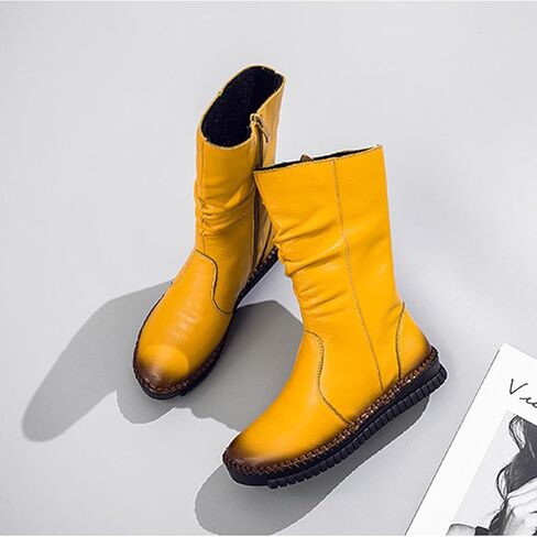 WENOREG Women's Hand Stitching Pleated Flat Mid Calf Boots,Fashion Leather Stitching Side Zipper Comfort Outdoor Anti-slip Work Walking Winter Boots Keep Warm Plush Lining Platform Boots in Kuwait