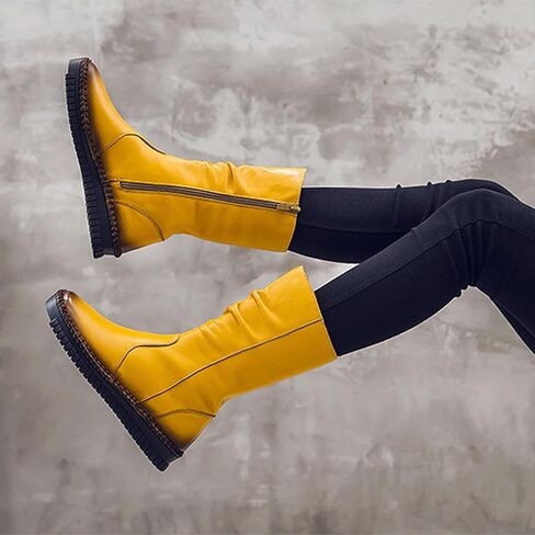 WENOREG Women's Hand Stitching Pleated Flat Mid Calf Boots,Fashion Leather Stitching Side Zipper Comfort Outdoor Anti-slip Work Walking Winter Boots Keep Warm Plush Lining Platform Boots in Kuwait