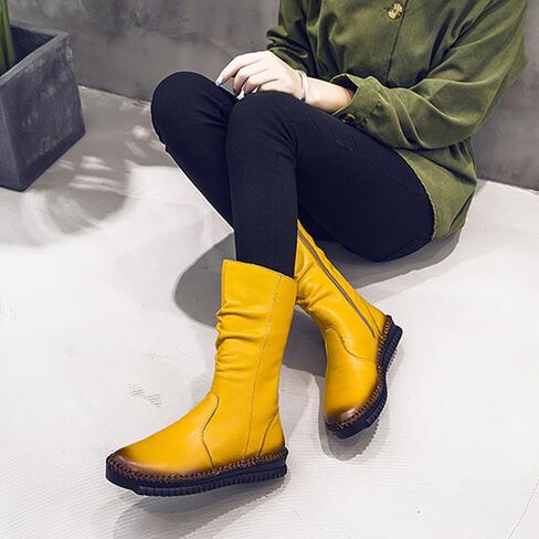 WENOREG Women's Hand Stitching Pleated Flat Mid Calf Boots,Fashion Leather Stitching Side Zipper Comfort Outdoor Anti-slip Work Walking Winter Boots Keep Warm Plush Lining Platform Boots in Kuwait