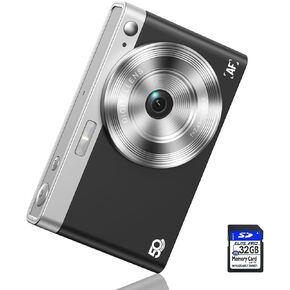 Digital Camera FHD 50MP 1080P Autofocus Camera, Digital Point and Shoot Camera Vlogging Camera with 16X Zoom Anti Shake, Compact Camera for Boys Girls Kids Camera with 32GB SD Card, 2 Batteries-Black