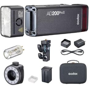 Godox AD200 Pro II Flash Strobe, HSS Pocket Flash Monolight 200Ws 5800±200K Bi-Color TTL 1/8000s with Wireless Flash and 0.01-1.8s Recycling
