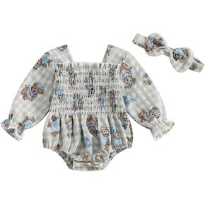 Douhoow Fall Baby Girl Clothes Infant Baby Girl Pleated Romper Baby Girl Plaid Romper Festival Outfits with Headband