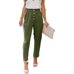 NIMIN Womens Casual Loose Pants Comfy Cropped Work Pants with Pockets Elastic High Waist Paper Bag Pants