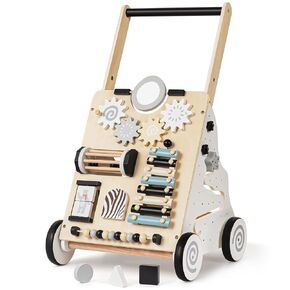 V-Opitos Baby Wooden Walkers, Height and Resistance Adjustable Push Walkers with Learning Activity Center, Baby Sit to Stand Walker Toys, Ideal Gifts for 6-12-18 Months Boy & Girl