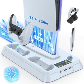 Lictin PS5 / PS5 حامل نحيف ومحطة تبريد، محطة شحن وحدة تحكم لوحدة تحكم Playstation 5، حامل PS5 مع شاحن وحدة تحكم للأقراص والرقمية، حامل PS5 مع مروحة تبريد و3 محاور USB