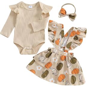 Newborn Fall Clothes Baby Girl Suspender Skirt Outfit Long Sleeve Solid Ribbed Romper Floral Bow Overall Dress Sets