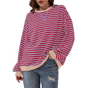 WROLEM Women Striped Oversized Sweatshirts Long Sleeve Crewneck Pullover Tops Color Block Tunics Trendy Preppy Clothes