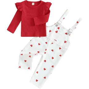 Toddler Baby Girl Valentine's Day Outfits Ribbed Ruffle Long Sleeve Tops Heart Print Corduroy Overalls Spring Clothes