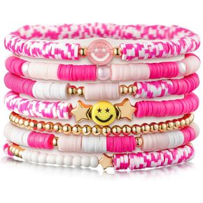 LieToi Preppy Heishi Bracelets Set Colorful White Gold Smile Heart Star Evil Eye Beaded Polymer Clay Pearl Stackable Charm Y2K Kidcore Summer Beach Bohemian Layering Bracelets Jewelry for Women Girls Teens