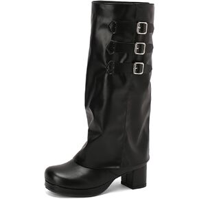 JOZHAMTA Women's Knee High Boots Chunky Heel Fold Over Motorcycle Boots Platform Block Heels With Buckle Shark Boots
