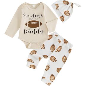 Baby Boy Football Outfits Sundays are for with daddy Letter Print Bodysuit Romper Rugby Legging Pants Hat 3pcs Set