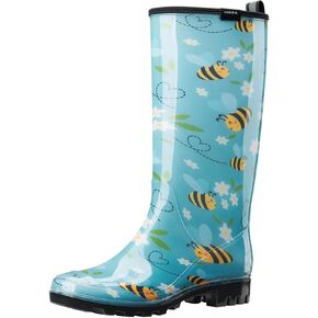 HISEA Women's Rain Boots Waterproof Garden Shoes Colorful Printed Knee High Rubber Boots Anti-Slipping Rainboots for Ladies with Comfort Insole Tall Wellington Rain Shoes