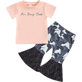 Omkzanbi Western Baby Girl Clothes Cow Printed T Shirt Pullover Retro Boho Floral Bell Bottoms Cowgirl Toddler Summer Outfit