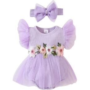 Newborn Baby Girls Rompers Flower Embroidery Mesh Tulle Dress with Headband Infant Summer Outfits (Flower Embroidery Purple, 9-12 Months)