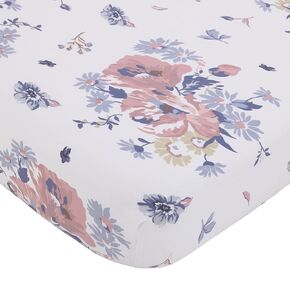 NoJo Farmhouse Chic Tossed Floral White, Pink, and Periwinkle 100% Cotton Fitted Crib Sheet