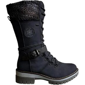 Women's Round Toe Low Heel Non-slip Lace up Mid Calf Motorcycle Side Zipper Combat Cowboy Riding Boots