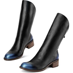 Women Slant-Top Boots Round Toe Chunky Heel Comfortable Back Zip Mid-calf Boots