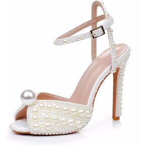 Crystal Queen Full Pearls Stiletto heels Sandals Thin High Heels Peep Toe Sandals White Pearls Bridal Wedding Shoes Evening Wedding Sandals Pump Heels For Bride