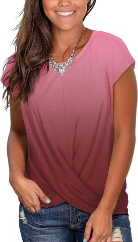Jescakoo Women's Short Sleeve Round Neck T Shirt Front Twist Tunic Tops Casual Loose Fitted in Kuwait