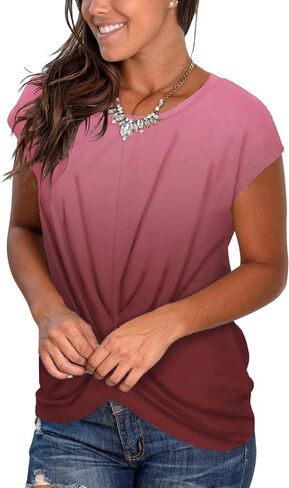 Jescakoo Women's Short Sleeve Round Neck T Shirt Front Twist Tunic Tops Casual Loose Fitted in Kuwait