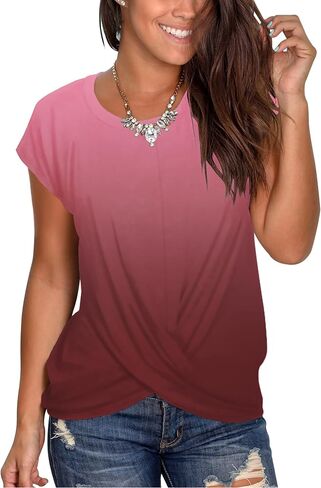 Jescakoo Women's Short Sleeve Round Neck T Shirt Front Twist Tunic Tops Casual Loose Fitted in Kuwait