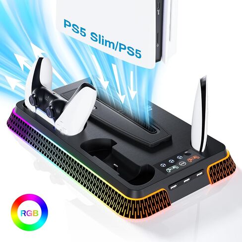 PS5 Cooling Station, PS5 Slim Stand RGB and Turbo Fan with Dual Charging Station, PS5 Accessories Kits, Vertical Stand with 3 Levels Cooling Fan, Headset Holder for PS5 Digital/Disc-Black in Saudi Arabia