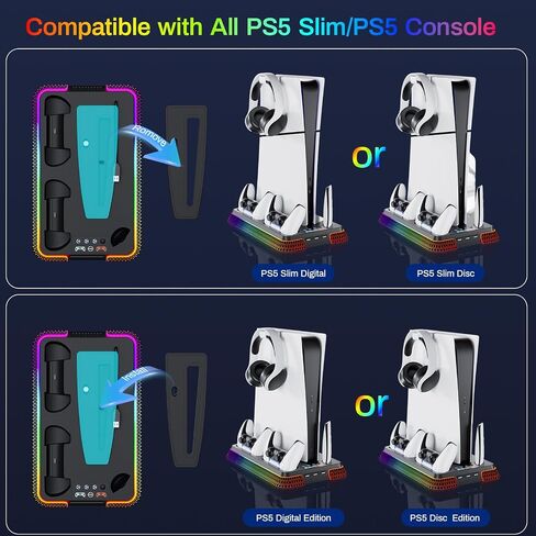 PS5 Cooling Station, PS5 Slim Stand RGB and Turbo Fan with Dual Charging Station, PS5 Accessories Kits, Vertical Stand with 3 Levels Cooling Fan, Headset Holder for PS5 Digital/Disc-Black in Saudi Arabia