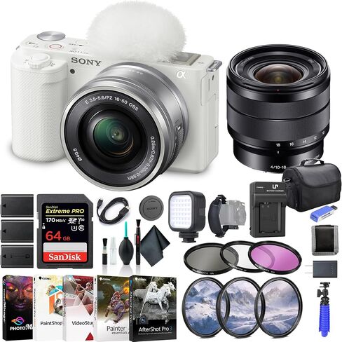 كاميرا Sony ZV-E10 بدون مرآة مع عدسة مقاس 16-50 مم باللون الأبيض ILCZV-E10L/W، وعدسة Sony E مقاس 10-18 مم، وبطاقة ذاكرة سعة 64 جيجابايت، ومجموعة مرشحات، وبرنامج Corel للصور، وحقيبة، وبطارية NPF-W50 × 2، والمزيد in Saudi Arabia