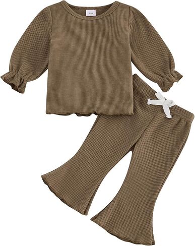 fhutpw Infant Girl Clothes Lantern Sleeve Solid Top and Flared Pants Sets Baby Newborn 6 12 18 Months 2T Fall Winter Outfits in Saudi Arabia