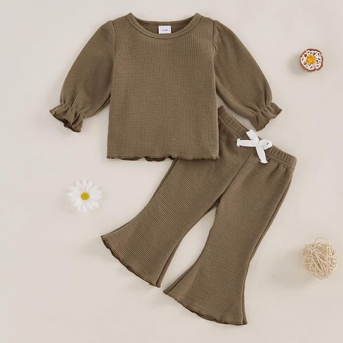 fhutpw Infant Girl Clothes Lantern Sleeve Solid Top and Flared Pants Sets Baby Newborn 6 12 18 Months 2T Fall Winter Outfits in Saudi Arabia