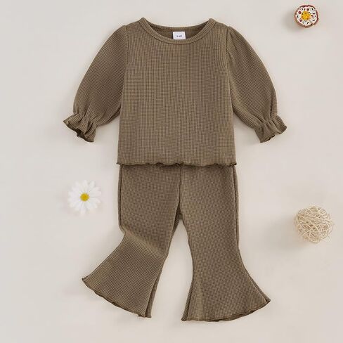 fhutpw Infant Girl Clothes Lantern Sleeve Solid Top and Flared Pants Sets Baby Newborn 6 12 18 Months 2T Fall Winter Outfits in Saudi Arabia