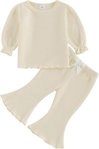 fhutpw Infant Girl Clothes Lantern Sleeve Solid Top and Flared Pants Sets Baby Newborn 6 12 18 Months 2T Fall Winter Outfits in Saudi Arabia
