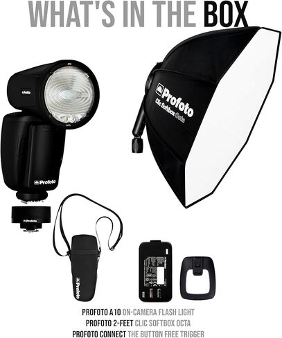 حزمة ضوء فلاش Profoto A10 على الكاميرا مع Profoto 2-Feet Clic Softbox Octa وProfoto Connect The Button Free Trigger (3 عناصر) in Kuwait