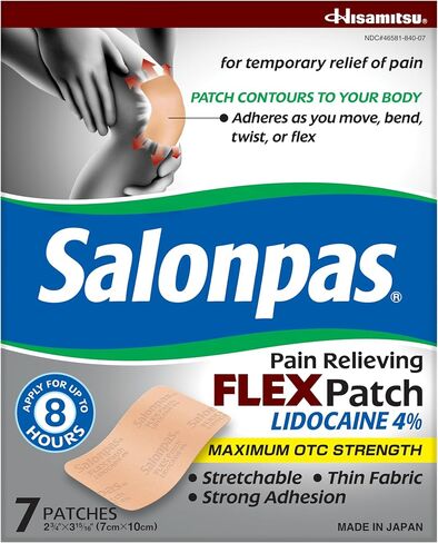 رقعة مرنة لتخفيف الألم المؤقت من Salonpas مع يدوكائين 4%، أقصى قوة OTC، نسيج رقيق قابل للتمدد، التصاق قوي، ملامح الجسم، تنطبق لمدة تصل إلى 8 ساعات 7 قيراط (عبوة من 2) in Saudi Arabia