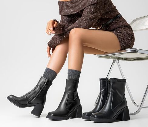 TNYNFBEB Womens Chunky Block High Heel Square Toe Ankle Boots Short Bootie Boots Zipper Prom Dress Basic Classic 3.5 Inches Heels in Saudi Arabia