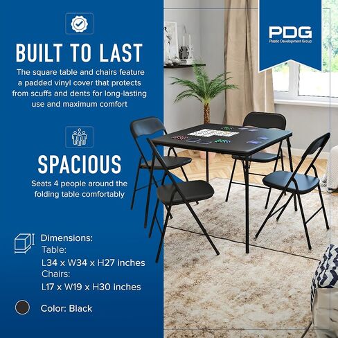 مجموعة تطوير البلاستيك، طاولة بطاقات قابلة للطي من النوع المربع مقاس 34 بوصة مع 4 كراسي قابلة للطي للمناسبات الداخلية والخارجية، باللون الأسود in Kuwait